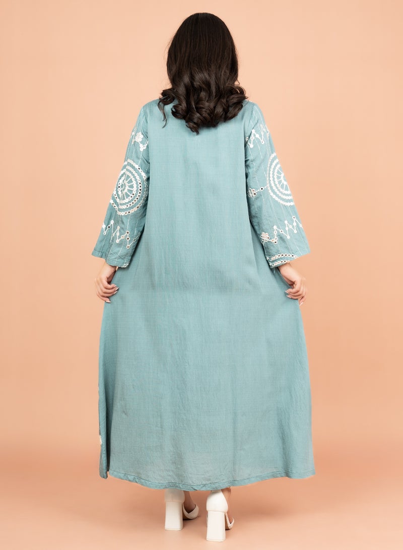 IKKXA Elegant Jalabiya with Intricate Embroidery Work IK6004 Blue - Image 4