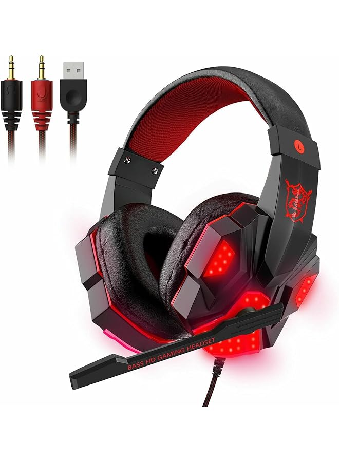Excefore Stereo Pro Gaming Headset With Enc Noise Cancelling Microphone Led Light Surround Sound And Soft Memory Earmuffs For Ps5 Ps4 For Xbox One Switch Pc Laptop Mobilephone Red  - Image 1