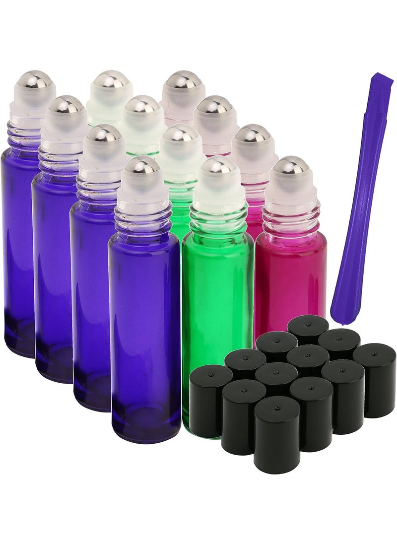 JamHoo 12Pcs, 10ml Glass Roller Bottles with Stainless Steel Roller Ball - Refillable Essential Oil Roll on Bottles with Lid Opener Pry Tool, Great for Aromatherapy, Perfumes and Lip Balms 