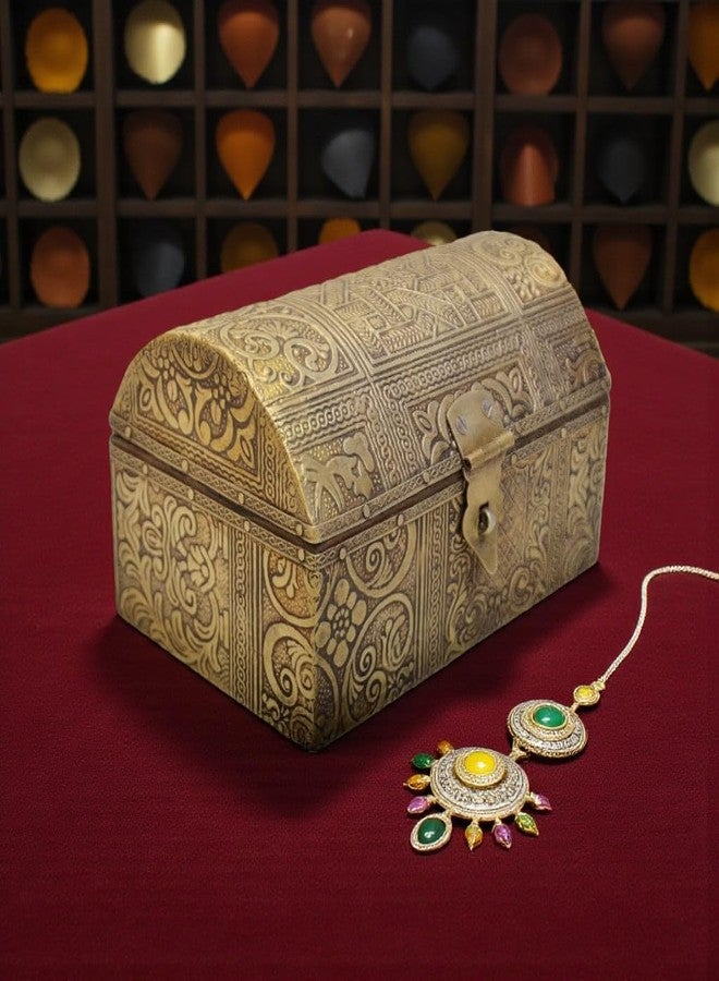 DIGGY ARTS Handcrafted Antique Brass Jewellery Box (6 Inch) - Gold Embossed Wooden Treasure Chest - Royal Vanity Organizer for Earrings, Rings & Heirlooms, Home Decor Showpiece - Image 1