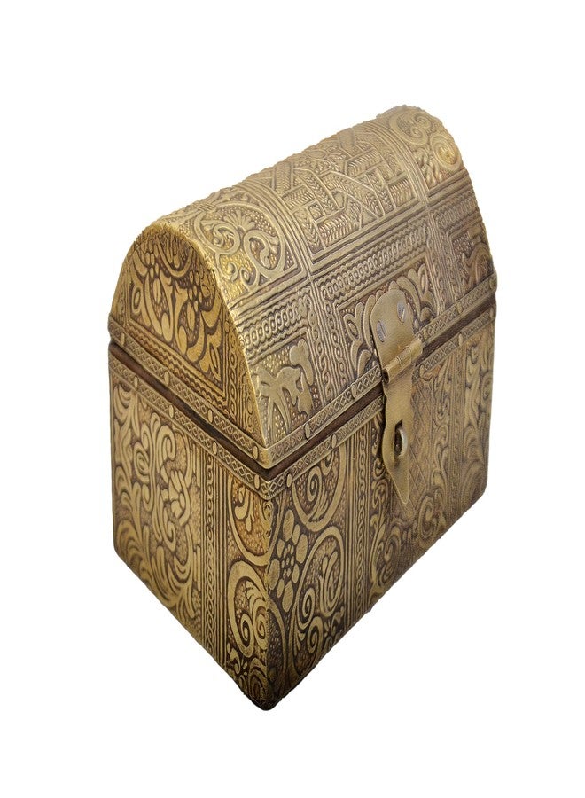 DIGGY ARTS Handcrafted Antique Brass Jewellery Box (6 Inch) - Gold Embossed Wooden Treasure Chest - Royal Vanity Organizer for Earrings, Rings & Heirlooms, Home Decor Showpiece - Image 5