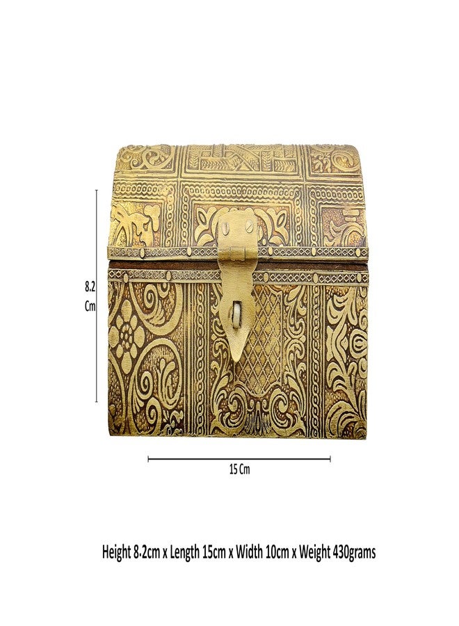 DIGGY ARTS Handcrafted Antique Brass Jewellery Box (6 Inch) - Gold Embossed Wooden Treasure Chest - Royal Vanity Organizer for Earrings, Rings & Heirlooms, Home Decor Showpiece - Image 2