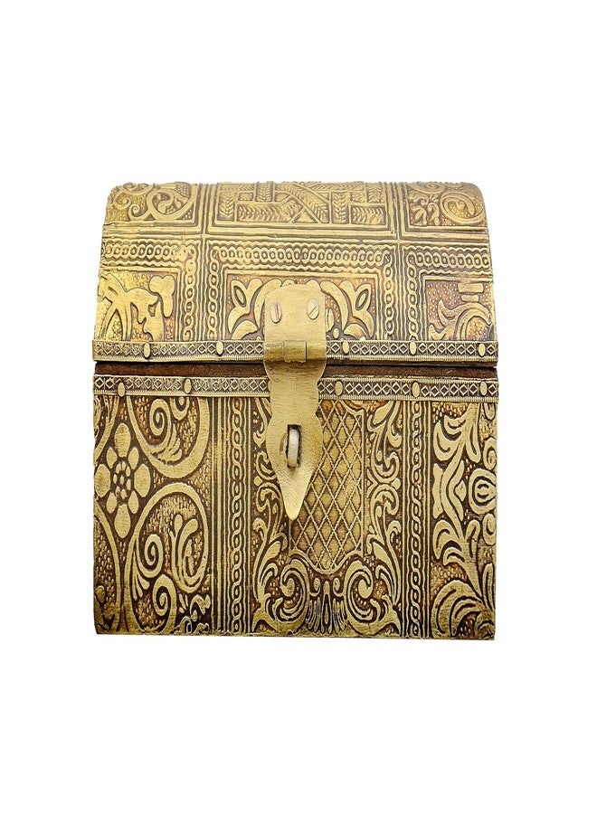 DIGGY ARTS Handcrafted Antique Brass Jewellery Box (6 Inch) - Gold Embossed Wooden Treasure Chest - Royal Vanity Organizer for Earrings, Rings & Heirlooms, Home Decor Showpiece - Image 3