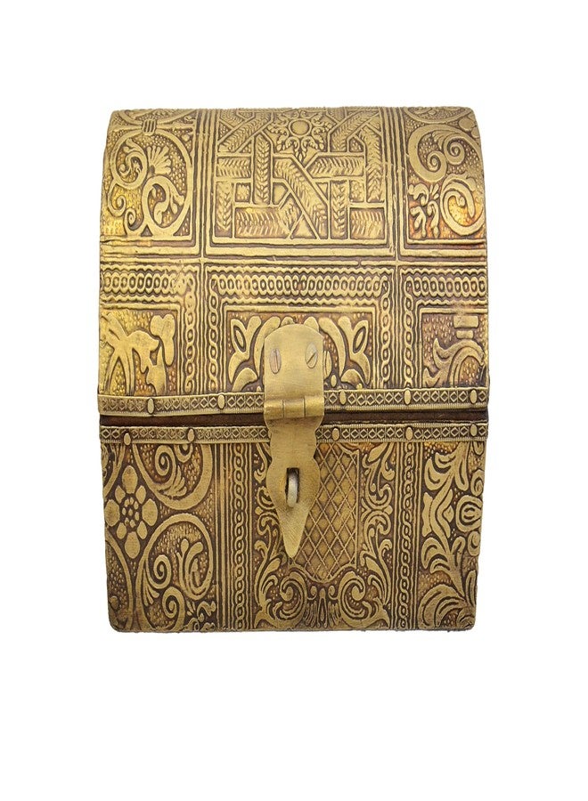 DIGGY ARTS Handcrafted Antique Brass Jewellery Box (6 Inch) - Gold Embossed Wooden Treasure Chest - Royal Vanity Organizer for Earrings, Rings & Heirlooms, Home Decor Showpiece - Image 4