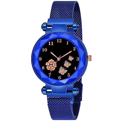 CERO New Flower Butterfly Dial Mgnetic Strap Girls Analogue Watch for Woman (Blue) - Image 1