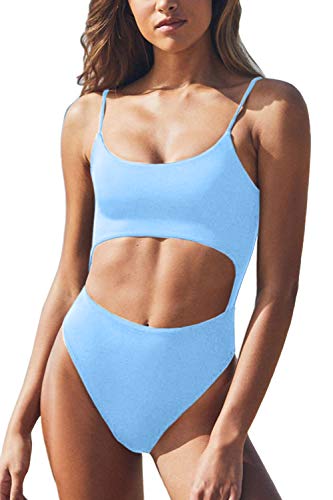 Meyeeka Womens Scoop Neck Cut Out Front Lace Up Back High Cut Monokini One Piece Swimsuit (XL, Light Blue) - Image 3
