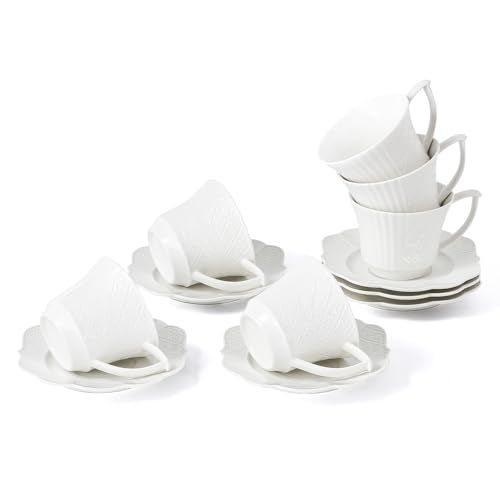 fMBB 12 Pieces 6 oz Tea Cup and Saucer Set, Cappuccino Latte Americano Coffee Cup with Saucer Set of 6, Espresso Double Shot Cup, New Bone Porcelain Embossment Tea Cups, for Cafe Kitchen, Gift Idea, White - Image 1
