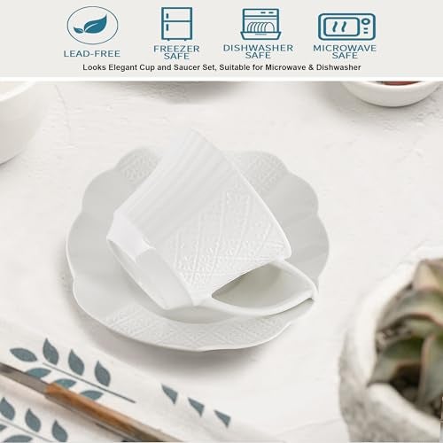 fMBB 12 Pieces 6 oz Tea Cup and Saucer Set, Cappuccino Latte Americano Coffee Cup with Saucer Set of 6, Espresso Double Shot Cup, New Bone Porcelain Embossment Tea Cups, for Cafe Kitchen, Gift Idea, White - Image 4