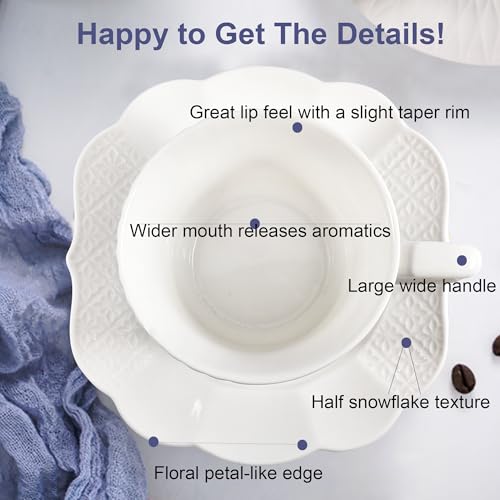 fMBB 12 Pieces 6 oz Tea Cup and Saucer Set, Cappuccino Latte Americano Coffee Cup with Saucer Set of 6, Espresso Double Shot Cup, New Bone Porcelain Embossment Tea Cups, for Cafe Kitchen, Gift Idea, White - Image 5