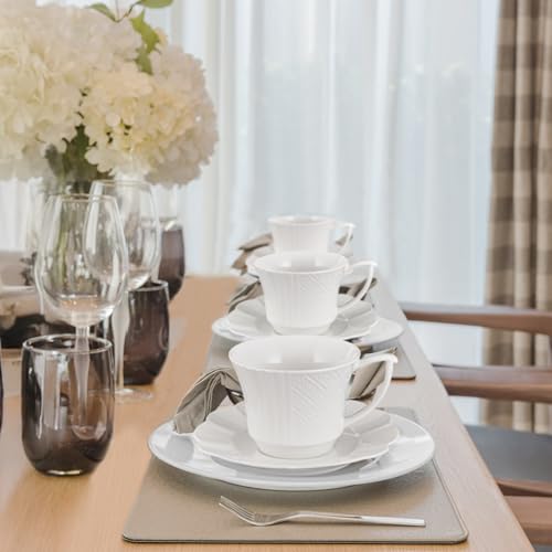 fMBB 12 Pieces 6 oz Tea Cup and Saucer Set, Cappuccino Latte Americano Coffee Cup with Saucer Set of 6, Espresso Double Shot Cup, New Bone Porcelain Embossment Tea Cups, for Cafe Kitchen, Gift Idea, White - Image 2