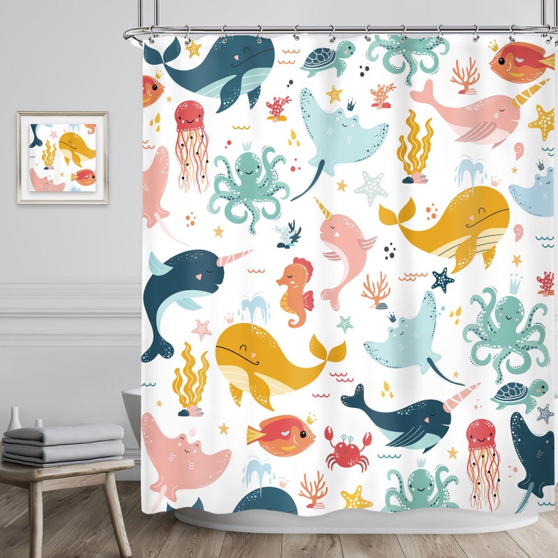 ريديكور Riyidecor مضحك حوت الأطفال الستار دش الستار 60wx72h بوصة الكرتون الستائر الدلفين لطيف البحر البحرية المحيط الأسماك تحت السول لويت فتاة الحمام ديكور النسيج البوليستر مقاوم للماء 12 حزمة السنانير - Image 2