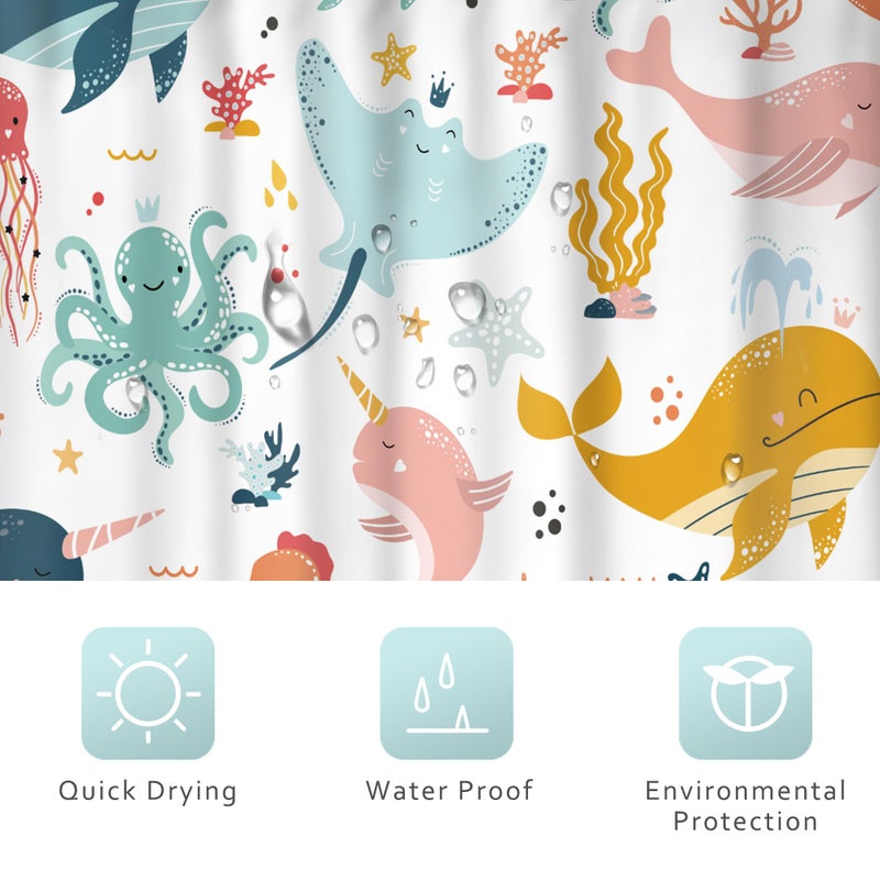 ريديكور Riyidecor مضحك حوت الأطفال الستار دش الستار 60wx72h بوصة الكرتون الستائر الدلفين لطيف البحر البحرية المحيط الأسماك تحت السول لويت فتاة الحمام ديكور النسيج البوليستر مقاوم للماء 12 حزمة السنانير - Image 5