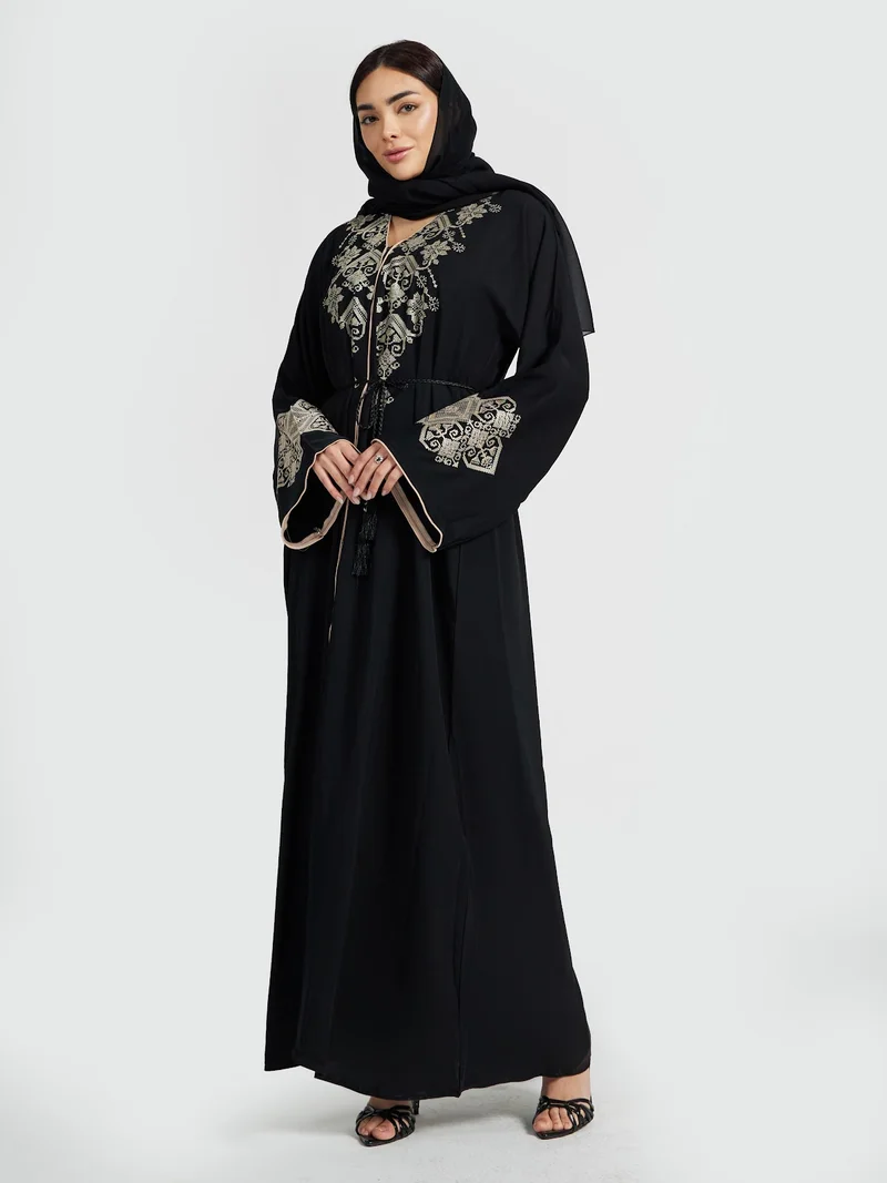 عباءات ريم Black Gold-Thread Embroidered Abaya - Classic Luxury Modest Gown