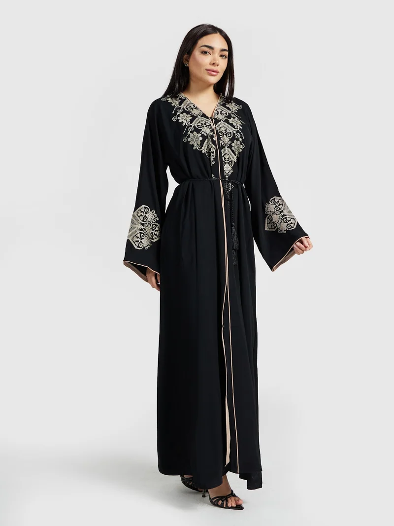 عباءات ريم Black Gold-Thread Embroidered Abaya - Classic Luxury Modest Gown