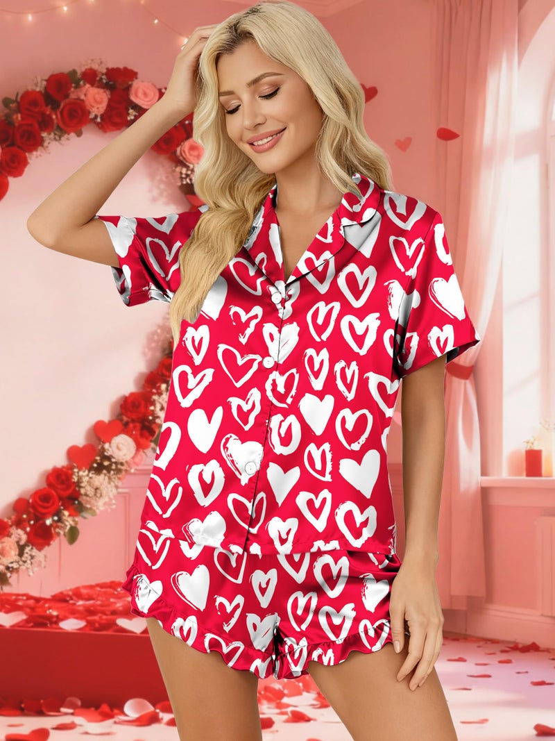 CAZYCHILD Valentines Pajamas Sets for Women Pjs Short Sleeve Top and Shorts Loungewear 2 Pcs Set Button Down Sleepwear - Image 3
