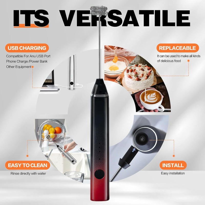 Laposso Milk Frother Rechargeable Handheld Electric Whisk Coffee Frother Mixer with 3 Stainless whisks 3 Speed Adjustable Foam Maker Blender for Coffee Matcha Latte Cappuccino Hot Chocolate（Black Red） - Image 3