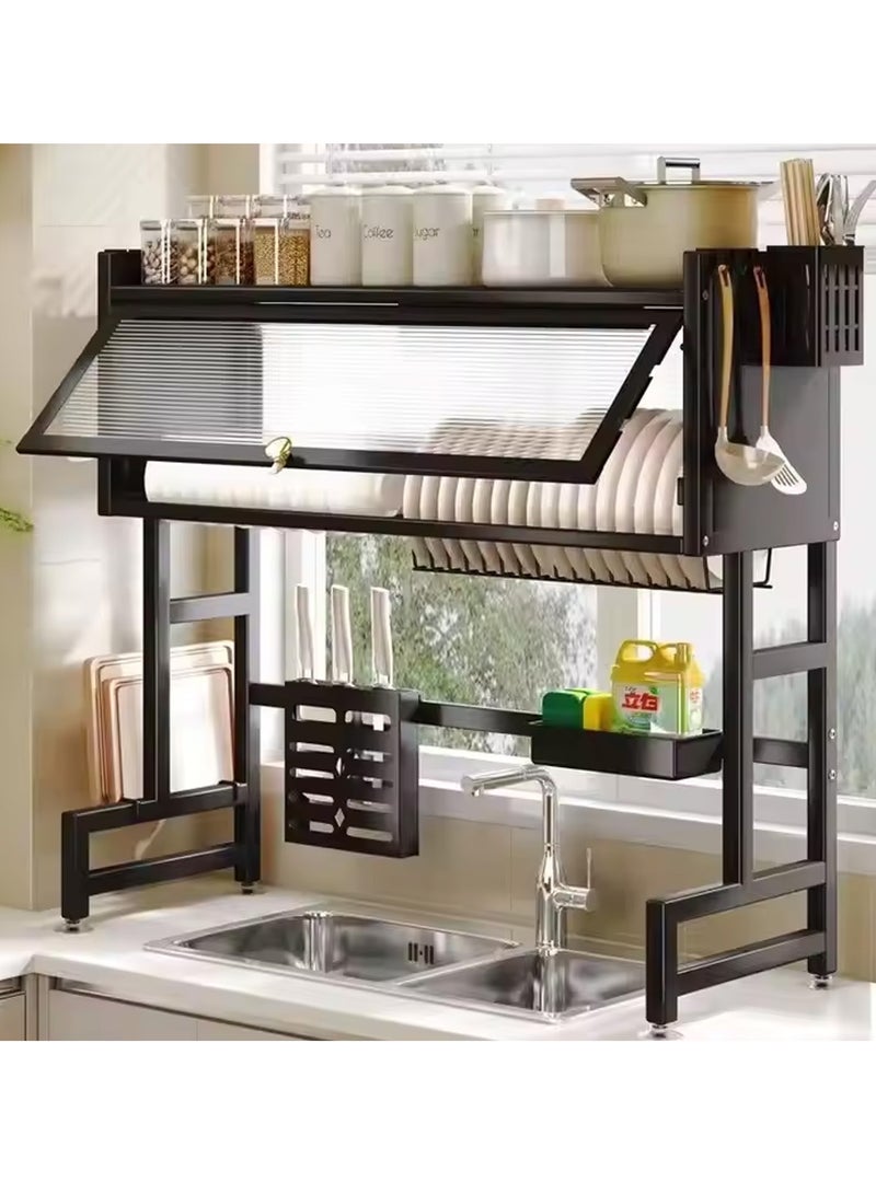 ليفي رف مطبخ من الفولاذ المقاوم للصدأ فوق الحوض، منظم رف تجفيف الأطباق مع تخزين للأواني والأطباق، رف تجفيف أطباق أسود، منظم أدوات المطبخ، رف أطباق، حامل أطباق، مجفف أطباق، رف حوض المطبخ، رف أطباق للتخزين على سطح العمل والمنزل - Image 1