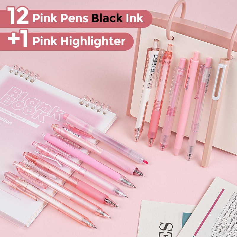 Nicpro 13 Pack Pink Gel Pens Set, Fine Tip Black Ink Pen with 1 Highlighter, Cute Pen for Journaling, Back to School Office Supplies for Teacher Student Gift, Pink Desk Accessories for Girl Stationery - Image 2