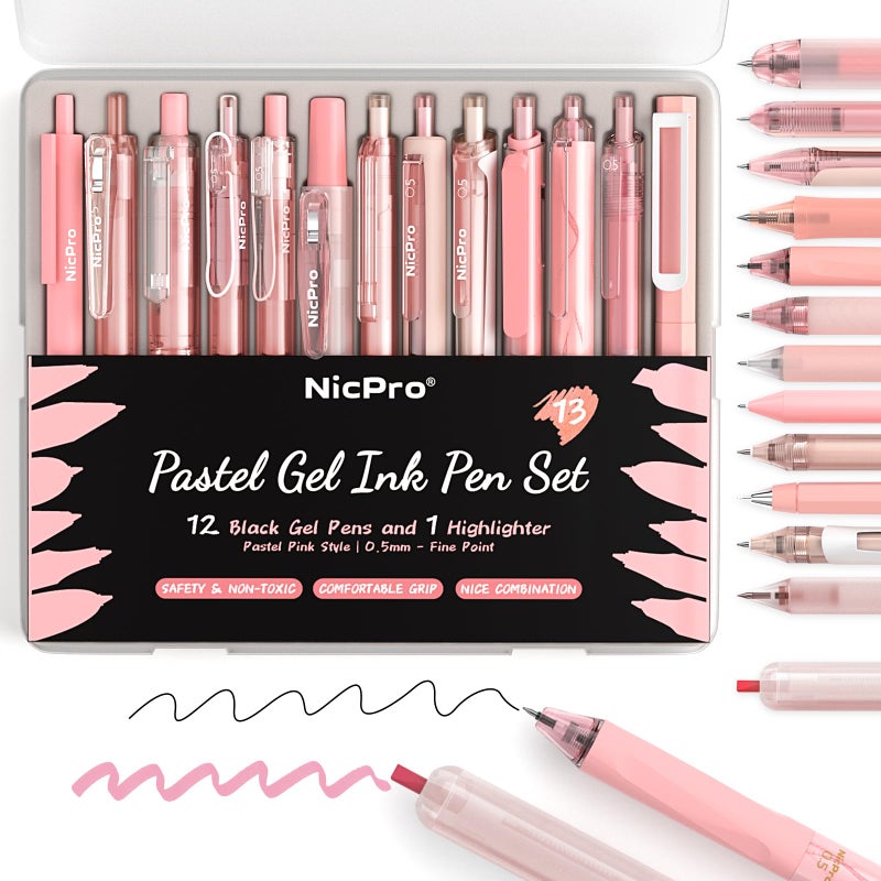 Nicpro 13 Pack Pink Gel Pens Set, Fine Tip Black Ink Pen with 1 Highlighter, Cute Pen for Journaling, Back to School Office Supplies for Teacher Student Gift, Pink Desk Accessories for Girl Stationery - Image 1