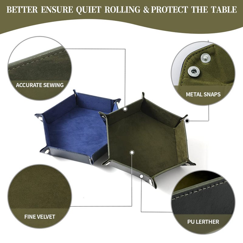 Grajar 2 Pcs Portable Folding Dice Rolling Tray Set for RPG DND Table Games - PU Leather and Velvet Holder Storage Box - RoyalBlue and Green - Image 3