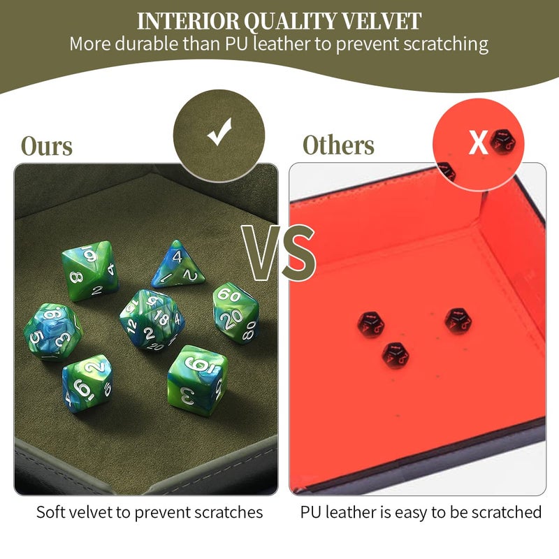 Grajar 2 Pcs Portable Folding Dice Rolling Tray Set for RPG DND Table Games - PU Leather and Velvet Holder Storage Box - RoyalBlue and Green - Image 4