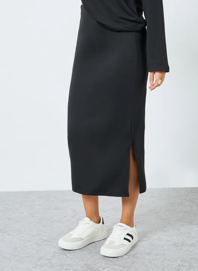 Styli Styli Black Solid Knit Top and Midi Skirt Co-Ords