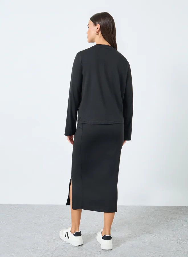 Styli Styli Black Solid Knit Top and Midi Skirt Co-Ords