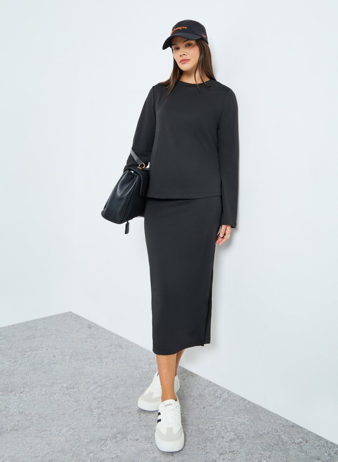 Styli Black Solid Knit Top and Midi Skirt Co-Ords - Image 1