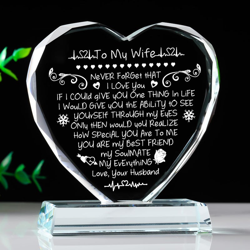 Movdyka Glass Heart Plaque Ornaments Gifts for Wife Birthday Keepsake with I Love You Presents for Her from Husband on Anniversary Valentines Mothers Day Christmas