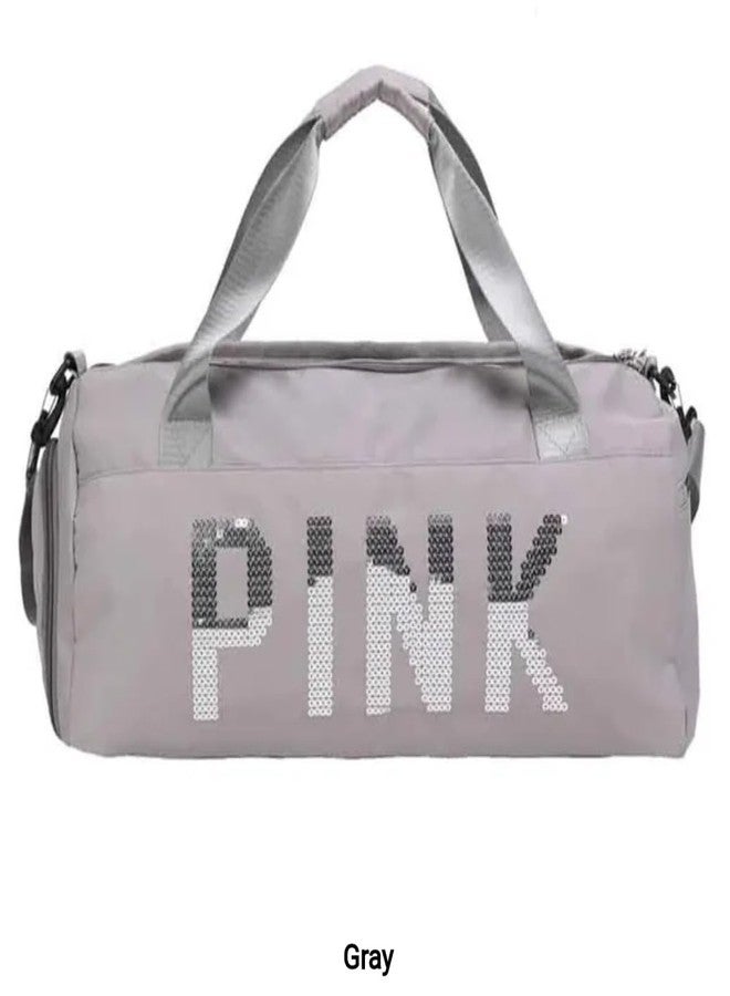 Firstdemand Duffle Bag with Shoe Compartment, 16 Cms, Polyester, Grey with Pink Letter Design, Travel and Sports Shoulder Bag for Men and Women - Image 2