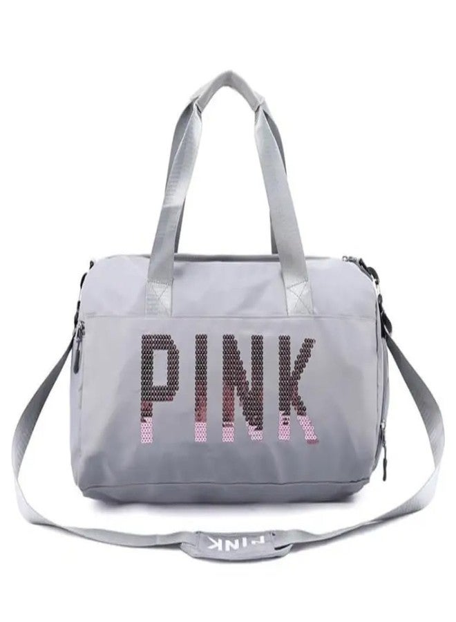 Firstdemand Duffle Bag with Shoe Compartment, 16 Cms, Polyester, Grey with Pink Letter Design, Travel and Sports Shoulder Bag for Men and Women - Image 1