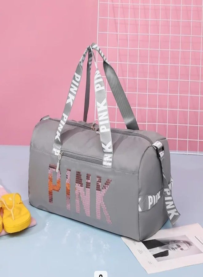 Firstdemand Duffle Bag with Shoe Compartment, 16 Cms, Polyester, Grey with Pink Letter Design, Travel and Sports Shoulder Bag for Men and Women - Image 3