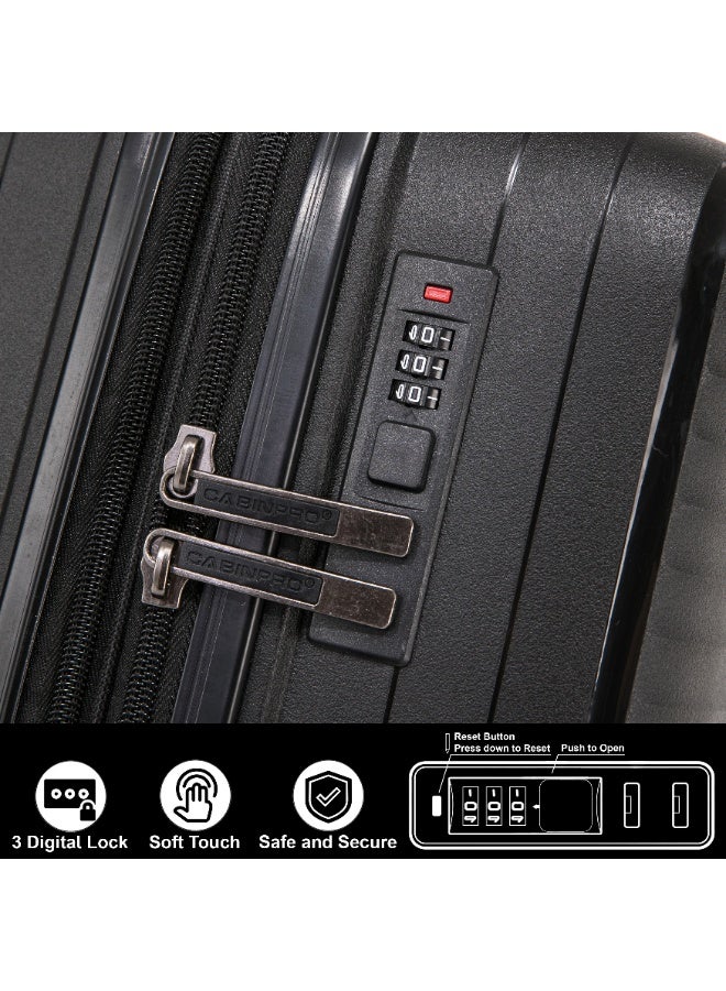CABINPRO Light Weight PP Fashion Trolley Luggage Set of 3 Expandable Hard Case Suitcase with Safe Zipper and 4 Quite 360° Double Spinner Wheels CP002 Black - Image 5