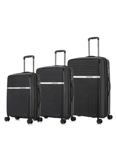 كابينبرو Light Weight PP Fashion Trolley Luggage Set of 3 Expandable Hard Case Suitcase with Safe Zipper and 4 Quite 360° Double Spinner Wheels CP002 Black