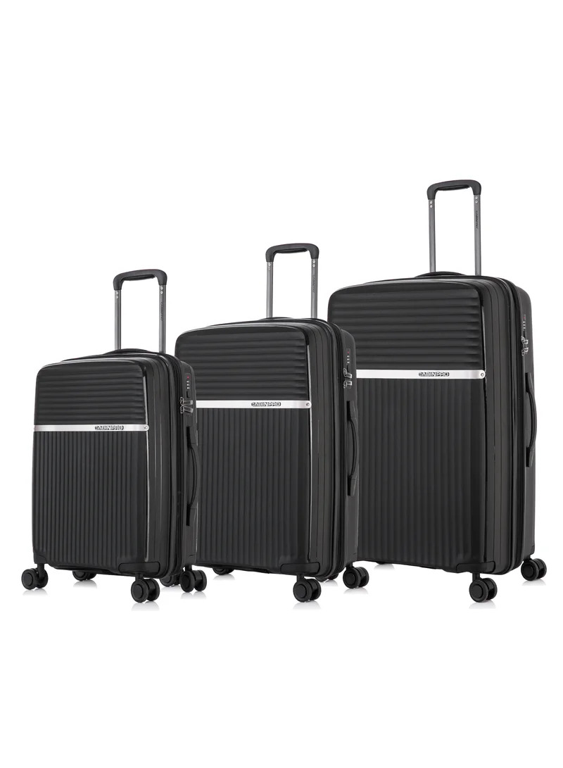 CABINPRO Light Weight PP Fashion Trolley Luggage Set of 3 Expandable Hard Case Suitcase with Safe Zipper and 4 Quite 360° Double Spinner Wheels CP002 Black