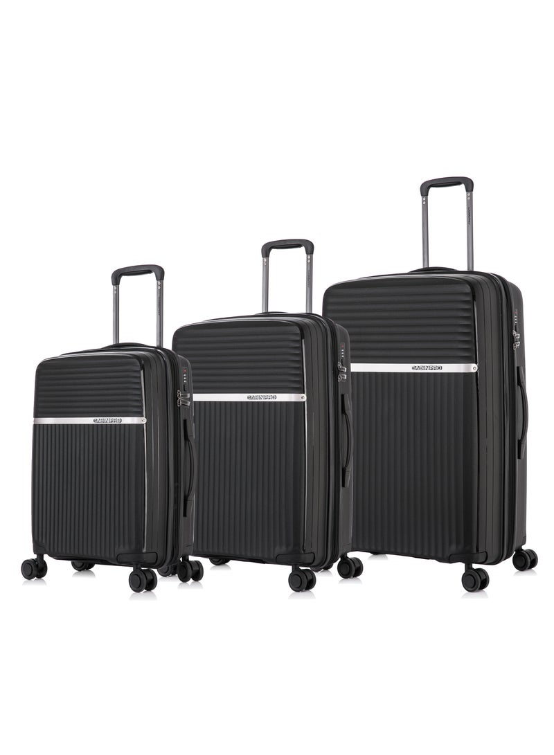 CABINPRO Light Weight PP Fashion Trolley Luggage Set of 3 Expandable Hard Case Suitcase with Safe Zipper and 4 Quite 360° Double Spinner Wheels CP002 Black - Image 1