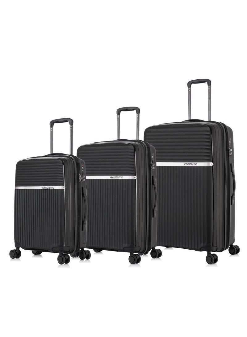 CABINPRO light weight pp fashion trolley luggage set of 3 expandable hard case suitcase with safe zipper and 4 quite 360° double spinner wheels cp002 black - Image 1