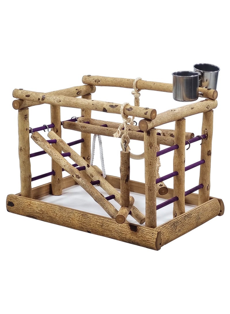 MAJIBAO Natural wood bird activity center with Feeding cups, Swings, and Ladders, Perfect for Cockatiels, Parrots, and Lovebirds, 36cm Bird Playground for Small to Medium birds (Beige) - Image 1