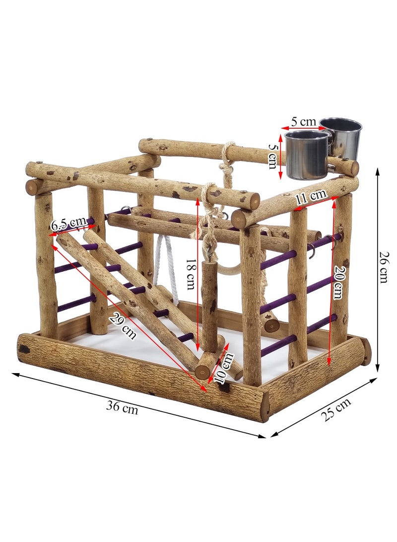 MAJIBAO Natural wood bird activity center with Feeding cups, Swings, and Ladders, Perfect for Cockatiels, Parrots, and Lovebirds, 36cm Bird Playground for Small to Medium birds (Beige) - Image 2