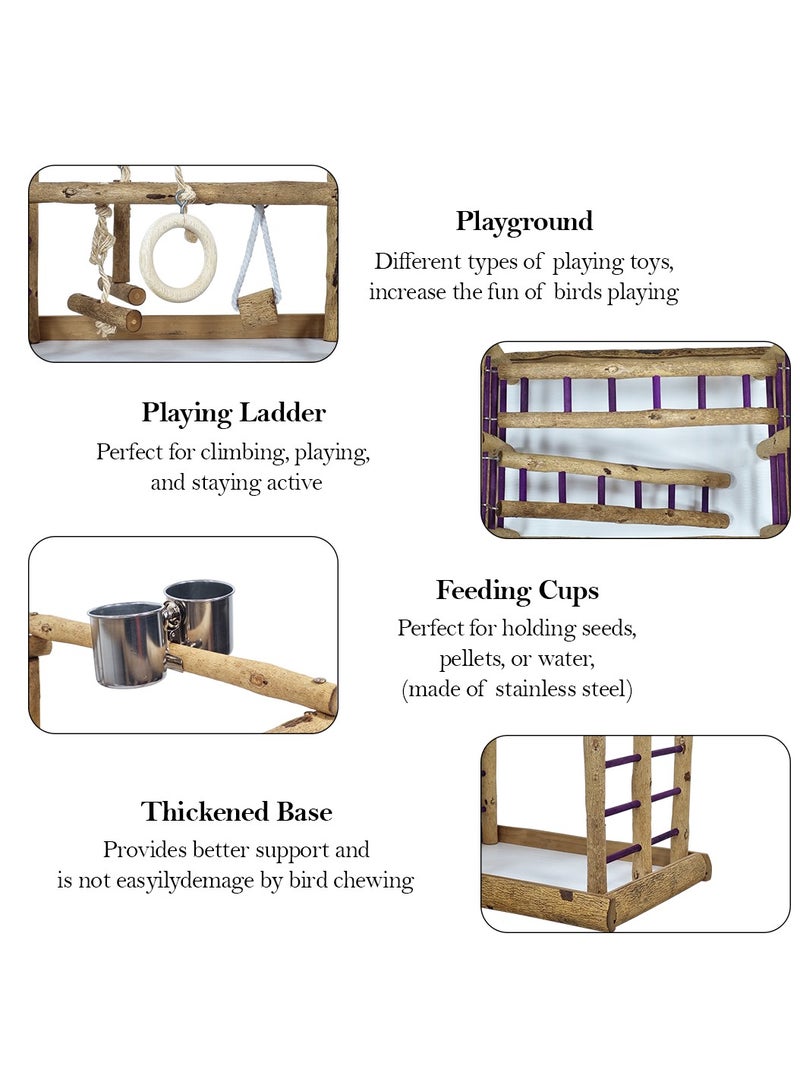 MAJIBAO Natural wood bird activity center with Feeding cups, Swings, and Ladders, Perfect for Cockatiels, Parrots, and Lovebirds, 36cm Bird Playground for Small to Medium birds (Beige) - Image 3