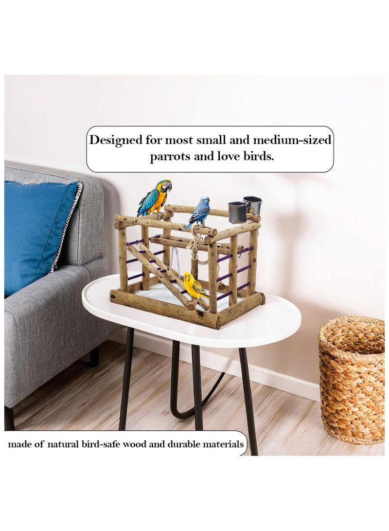 MAJIBAO Natural wood bird activity center with Feeding cups, Swings, and Ladders, Perfect for Cockatiels, Parrots, and Lovebirds, 36cm Bird Playground for Small to Medium birds (Beige) - Image 4