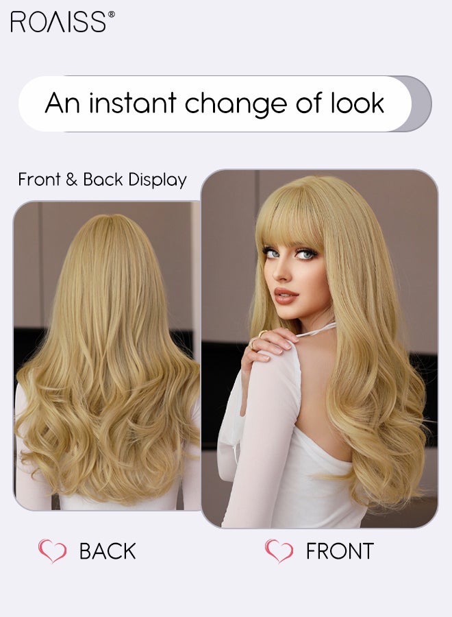 roaiss Long Curly Hair Wig with Bangs for Women, Natural Soft Synthetic Heat Resistant Hair Natural Looking Wig for Wedding Cosplay Party Daily Wear, Blonde, 60cm (24 inches)  - Image 3