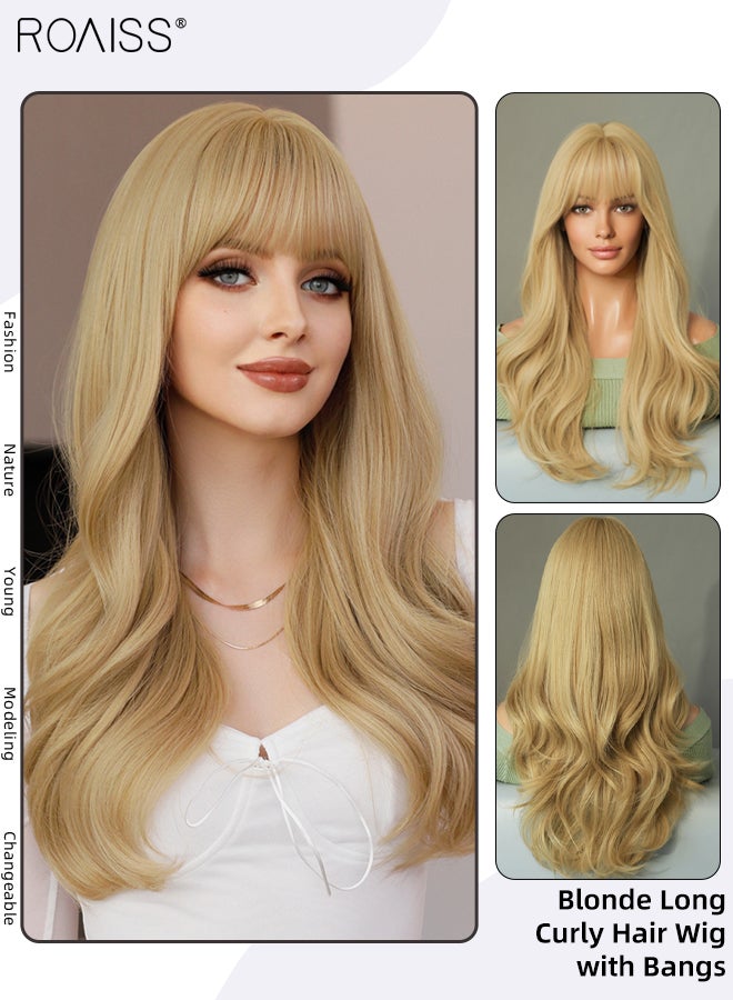 roaiss Long Curly Hair Wig with Bangs for Women, Natural Soft Synthetic Heat Resistant Hair Natural Looking Wig for Wedding Cosplay Party Daily Wear, Blonde, 60cm (24 inches)  - Image 1