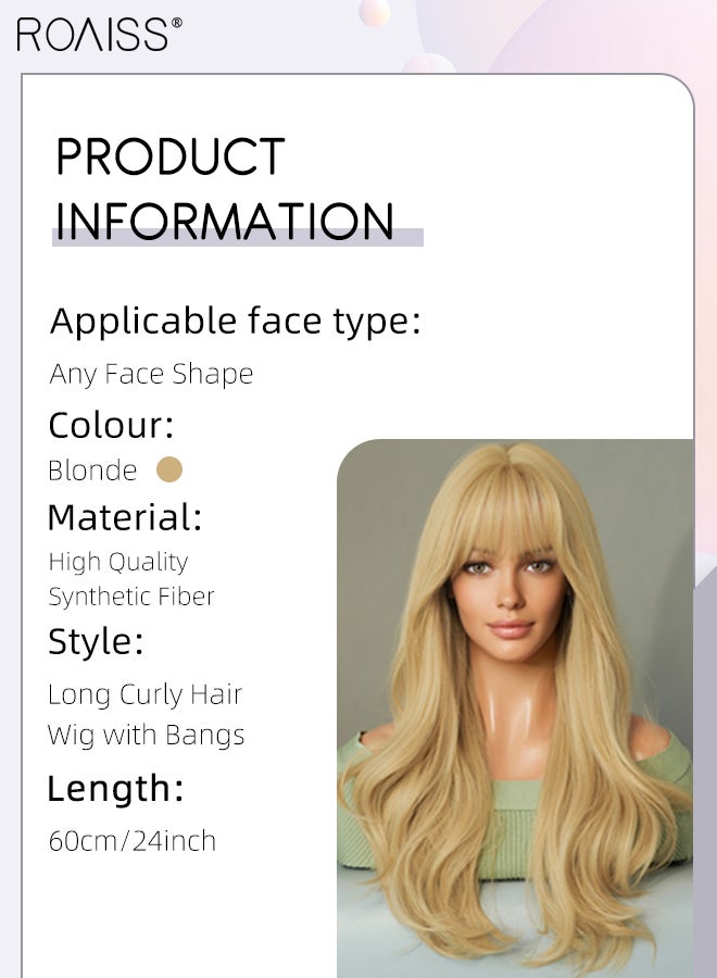 roaiss Long Curly Hair Wig with Bangs for Women, Natural Soft Synthetic Heat Resistant Hair Natural Looking Wig for Wedding Cosplay Party Daily Wear, Blonde, 60cm (24 inches)  - Image 2