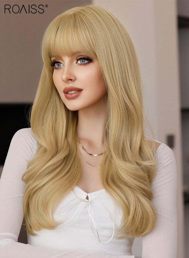 roaiss Long Curly Hair Wig with Bangs for Women, Natural Soft Synthetic Heat Resistant Hair Natural Looking Wig for Wedding Cosplay Party Daily Wear, Blonde, 60cm (24 inches)  - Image 5