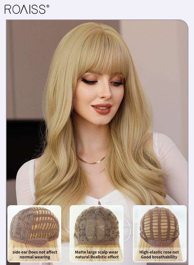 roaiss Long Curly Hair Wig with Bangs for Women, Natural Soft Synthetic Heat Resistant Hair Natural Looking Wig for Wedding Cosplay Party Daily Wear, Blonde, 60cm (24 inches)  - Image 4