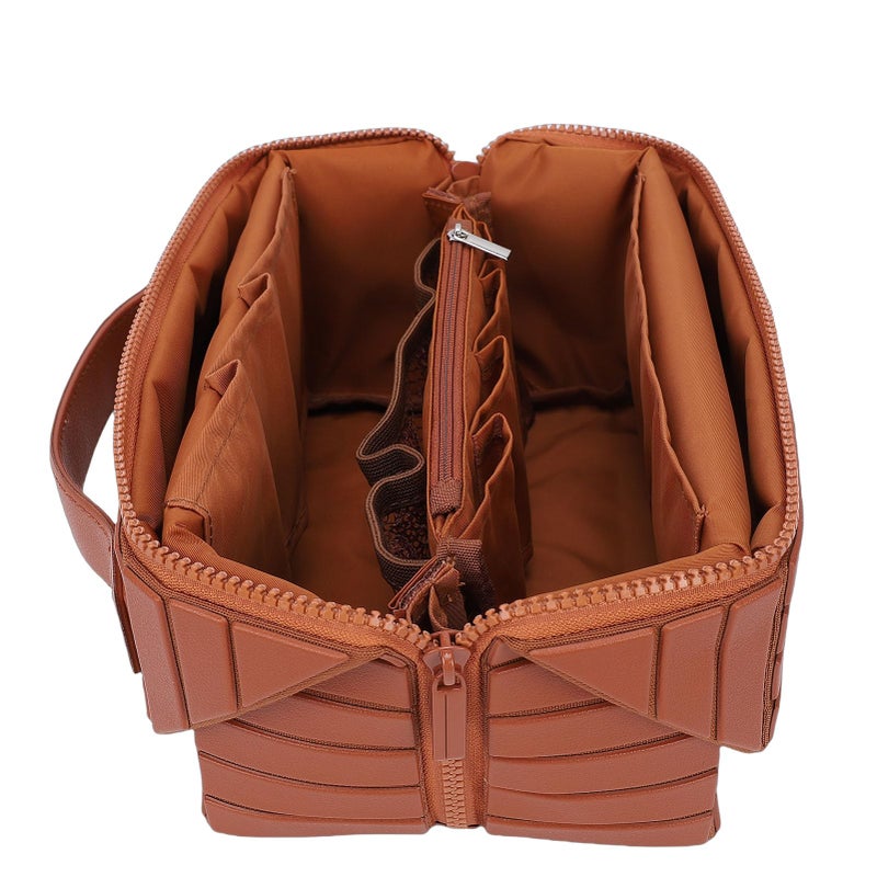ciciglow Travel Makeup Bag, Large Capacity Cosmetic Bags for Women, Fold Down Water Proof Toiletry Bag, Pull Open Design (Brown) - Image 1