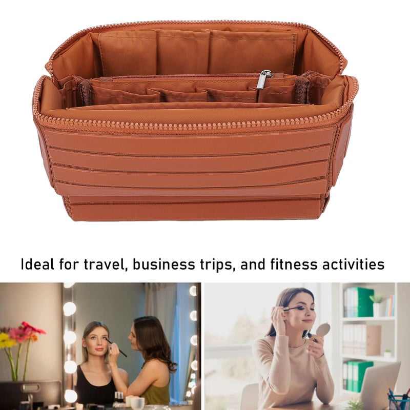 ciciglow Travel Makeup Bag, Large Capacity Cosmetic Bags for Women, Fold Down Water Proof Toiletry Bag, Pull Open Design (Brown) - Image 5