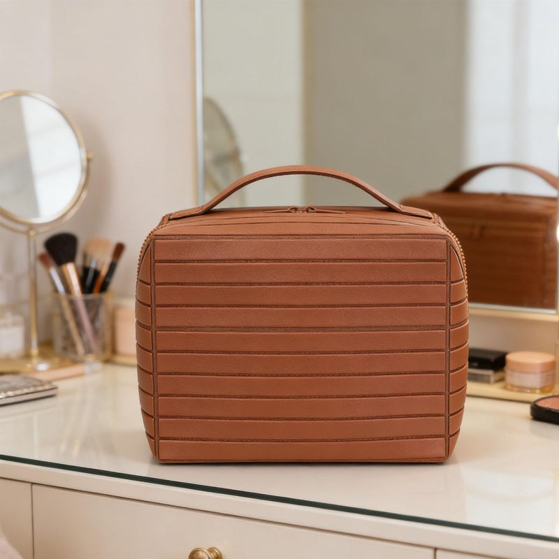 ciciglow Travel Makeup Bag, Large Capacity Cosmetic Bags for Women, Fold Down Water Proof Toiletry Bag, Pull Open Design (Brown) - Image 2