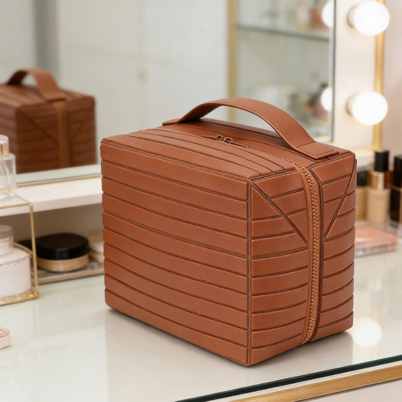 ciciglow Travel Makeup Bag, Large Capacity Cosmetic Bags for Women, Fold Down Water Proof Toiletry Bag, Pull Open Design (Brown) - Image 3